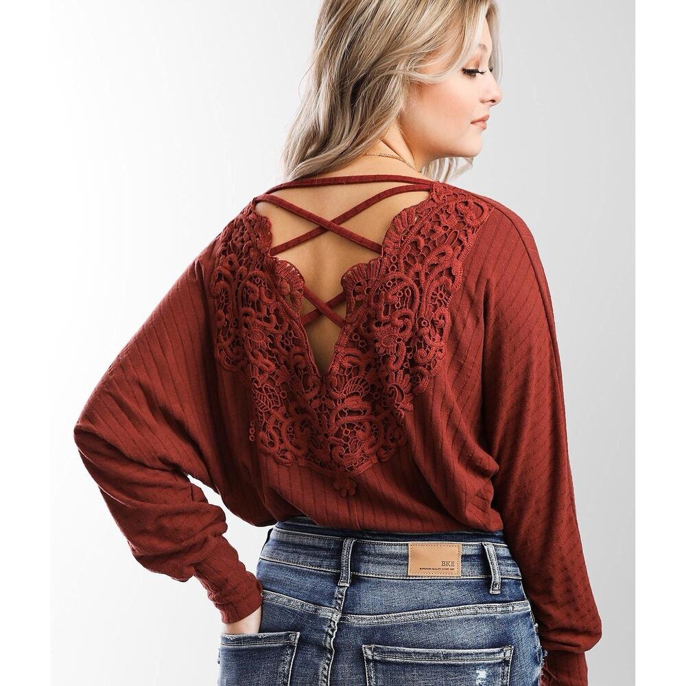 Brushed Knit Dolman Top Strappy Back Crochet Detail Soft Knit Size Large EUC